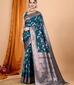 Teal banarasi silk blend saree with woven jari work