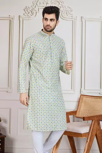 light yellow printed with sequins work kurta