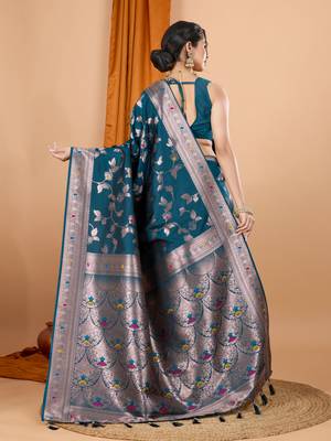 Teal faux banarasi silk blend saree with woven zari work 2