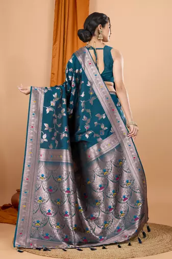 Teal faux banarasi silk blend saree with woven zari work