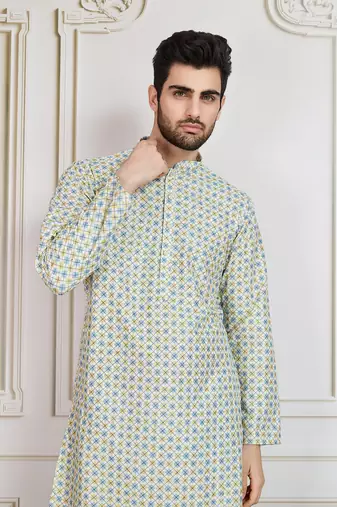 light yellow printed with sequins work kurta