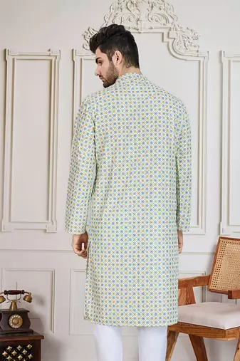 light yellow printed with sequins work kurta