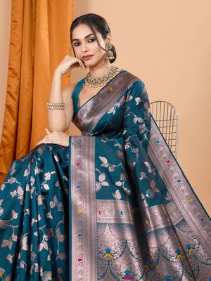 Teal faux banarasi silk blend saree with woven zari work 3