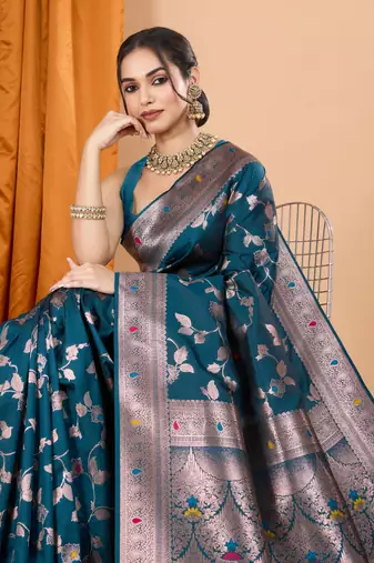 Teal faux banarasi silk blend saree with woven zari work