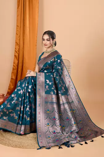 Teal faux banarasi silk blend saree with woven zari work