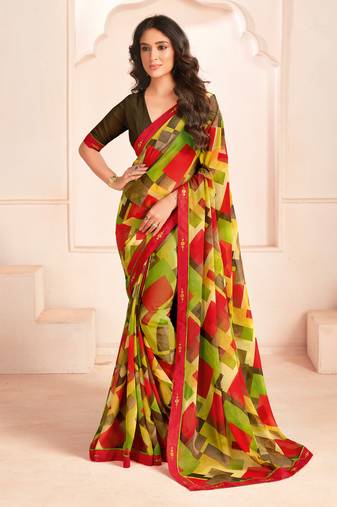 Green georgette elegant designer digital printed saree