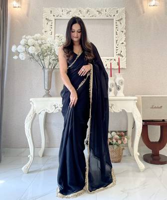 pre-stitched black fendy satin saree designed with lace border 1