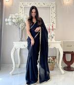 ready to wear black fendy satin saree designed with lace border