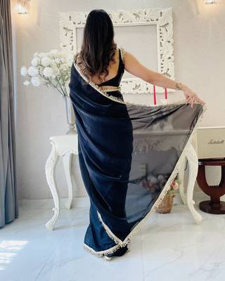 pre-stitched black fendy satin saree designed with lace border 2