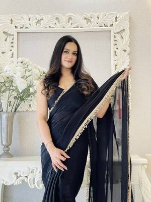 pre-stitched black fendy satin saree designed with lace border 3