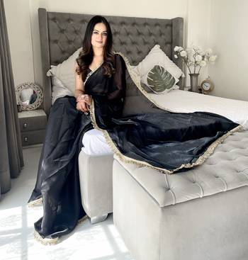pre-stitched black fendy satin saree designed with lace border 5