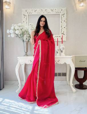 ready to wear red fendy satin saree designed with lace border 1