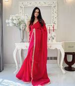 ready to wear red fendy satin saree designed with lace border