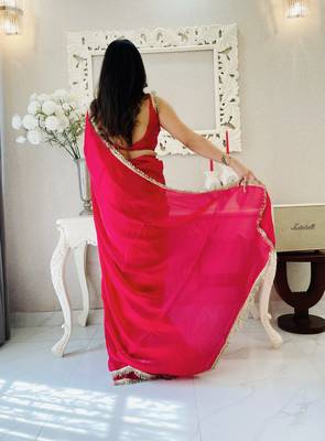 ready to wear red fendy satin saree designed with lace border 2