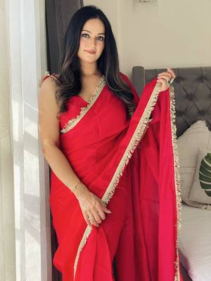 ready to wear red fendy satin saree designed with lace border 3