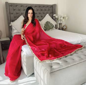 ready to wear red fendy satin saree designed with lace border 5