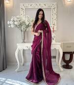 ready to wear wine fendy satin saree designed with lace border