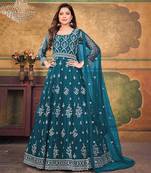 Teal blue embroidery net anarkali suit