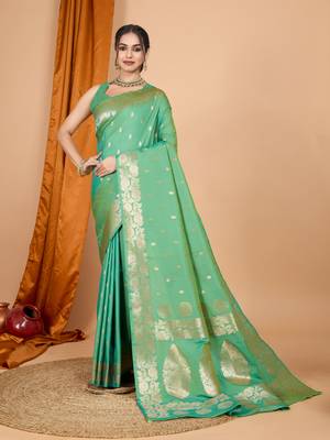 Green woven zari faux banarasi silk blend saree 1