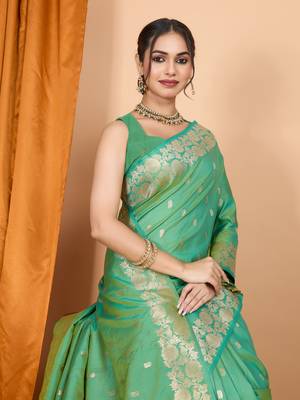 Green woven zari faux banarasi silk blend saree 3