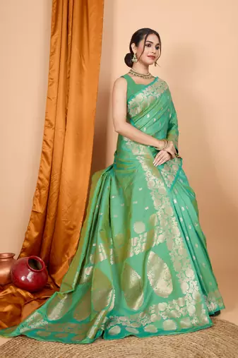 Green woven zari faux banarasi silk blend saree