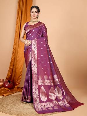 Wine woven zari faux banarasi silk blend saree 1