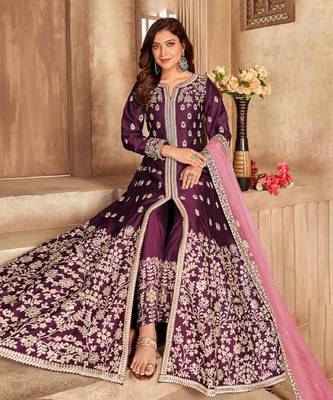 Wine art silk embroidered pakistani style suit 1