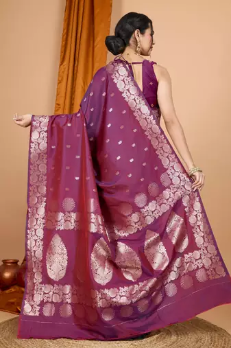 Wine woven zari faux banarasi silk blend saree