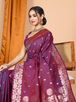 Wine woven zari faux banarasi silk blend saree 3