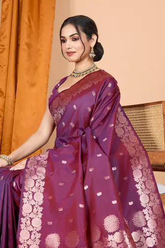 Wine woven zari faux banarasi silk blend saree