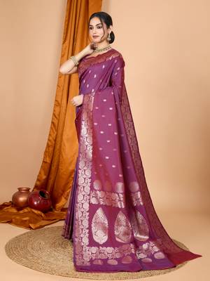 Wine woven zari faux banarasi silk blend saree 5