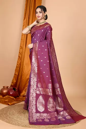 Wine woven zari faux banarasi silk blend saree