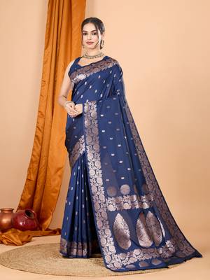 Navy blue woven zari faux banarasi silk blend saree 1