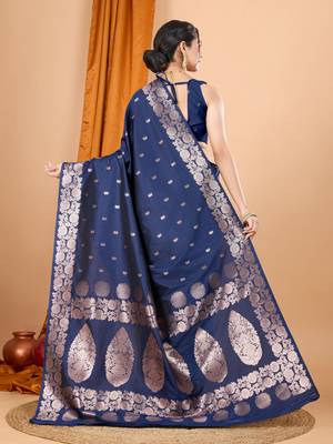 Navy blue woven zari faux banarasi silk blend saree 2