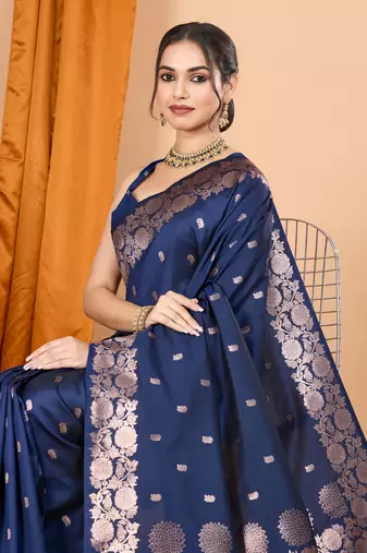 Navy blue woven zari faux banarasi silk blend saree