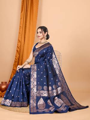 Navy blue woven zari faux banarasi silk blend saree 5