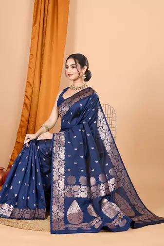 Navy blue woven zari faux banarasi silk blend saree