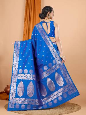 Royal blue woven zari faux banarasi silk blend saree 2