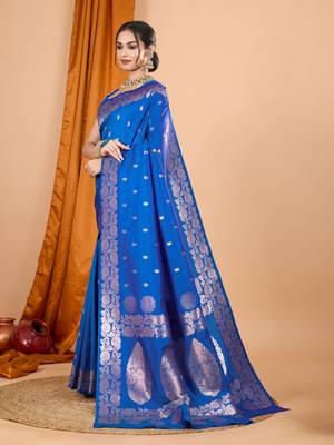 Royal blue woven zari faux banarasi silk blend saree 5