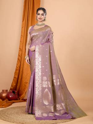 Pink woven zari faux banarasi silk blend saree 1