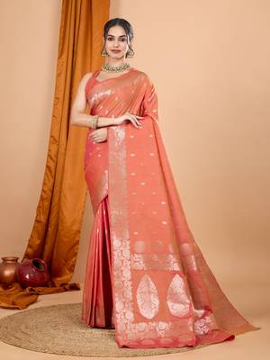 Orange woven zari faux banarasi silk blend saree 1