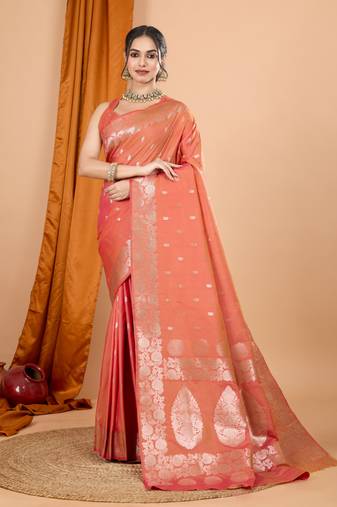 Orange woven jari designer banarasi silk blend saree