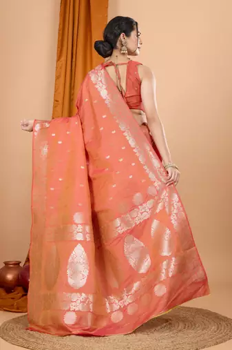 Orange woven zari faux banarasi silk blend saree