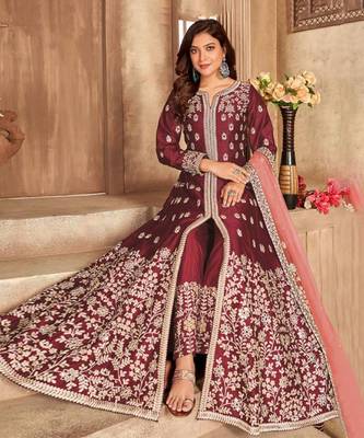 Maroon art silk embroidered pakistani style suit 1