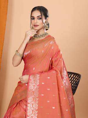 Orange woven zari faux banarasi silk blend saree 3