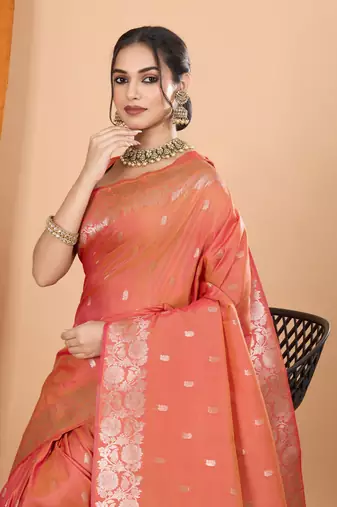 Orange woven zari faux banarasi silk blend saree
