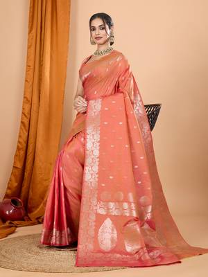 Orange woven zari faux banarasi silk blend saree 5