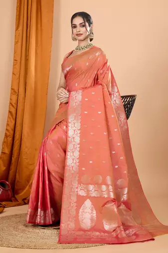 Orange woven zari faux banarasi silk blend saree