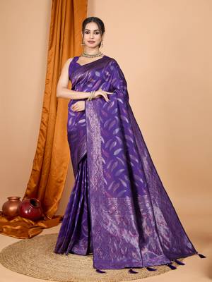 Woven double zari lavender soft silk blend partywear saree 1