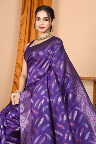 Woven double zari lavender soft silk blend partywear saree